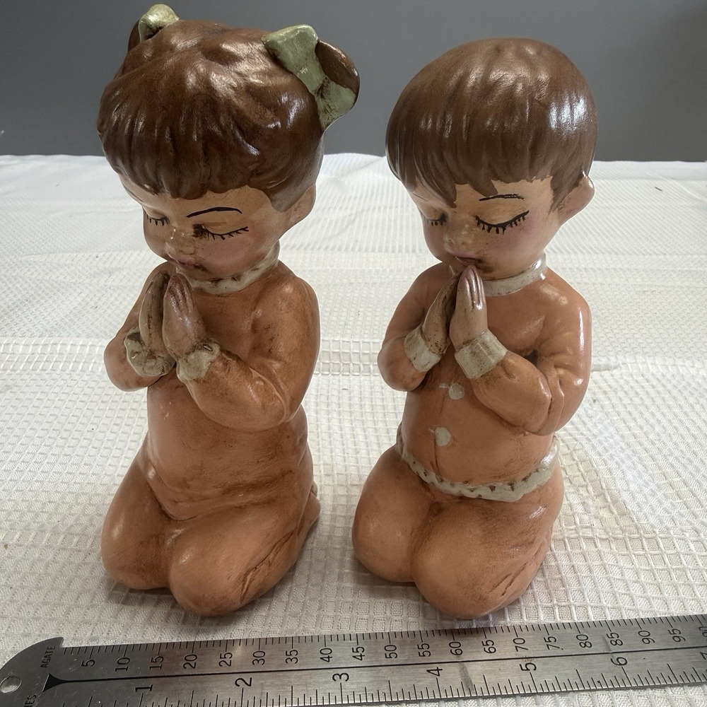 Set Vintage 70s Handpainted Ceramic Praying Children Figurine MCM Cottagecore